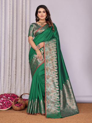 Elora Solid/Plain, Printed Banarasi Silk Blend Saree(Green)