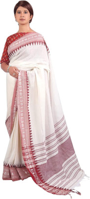 BongAp Woven Handloom Cotton Silk Saree(White)
