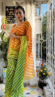 Moda Rapido Striped Bollywood Georgette Saree(Yellow, Green)