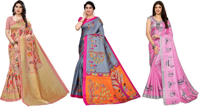 Nirvaan Printed Kanjivaram Art Silk Saree(Pack of 3, Pink, Grey)