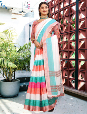 Mervadiya Printed Kanjivaram Pure Cotton, Cotton Linen Saree(Orange)