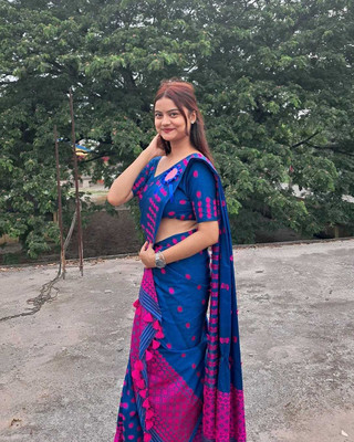 Divine Fabrics Woven Mekhela Chador Cotton Silk Saree(Blue)
