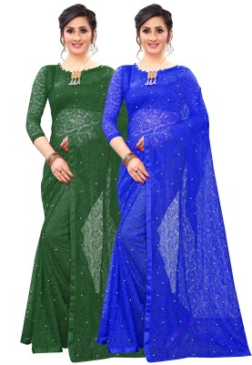 LOROFY Embellished Bollywood Net Saree(Pack of 2, Blue, Dark Green)