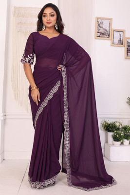 DWINIZAA STORE Embroidered Pre Draped Saree Georgette Saree(Purple)
