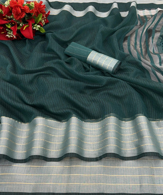 HouseOfCommon Solid/Plain Kasavu Cotton Linen Saree(Dark Green)