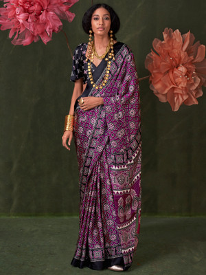 Sareemall Printed Hand Batik Crepe Saree(Magenta)