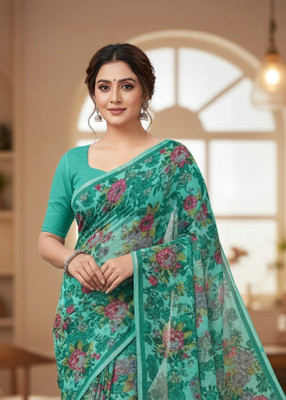 Anugrah Textile Printed Banarasi Lycra Blend, Chiffon Saree(Green)