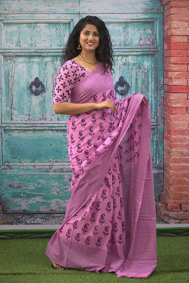 Krishna Creation Printed Ikkat Pure Cotton Saree(Pink)