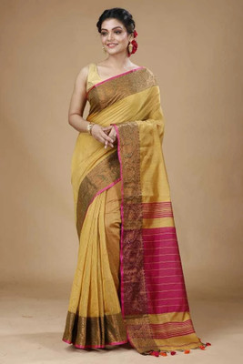Sampa Das Woven Handloom Cotton Silk Saree(Gold, Pink)