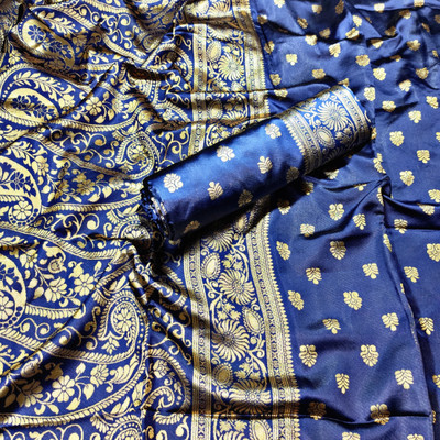 Chanda Enterprise Woven, Floral Print, Paisley Banarasi Pure Silk Saree(Dark Blue)