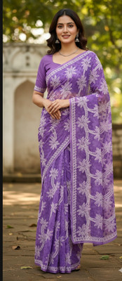 RIDDHI Embroidered Lucknow Chikankari Georgette Saree(Purple)