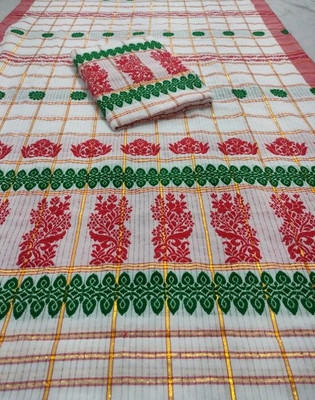 Mekhela Codor Cotton hendloom Temple Border Mekhela Chador Cotton Silk Saree(White)