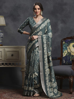 Anouk Rustic Printed Chinnalapattu Silk Blend Saree(Green, Beige)