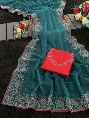 HouseOfCommon Embellished Bollywood Supernet Saree(Dark Green)