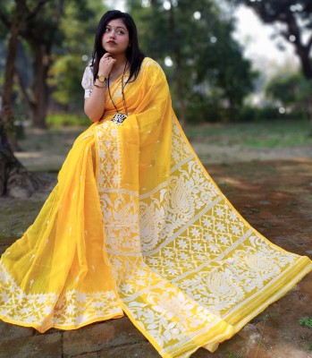 Apu Woven Jamdani Cotton Silk Saree(Yellow)