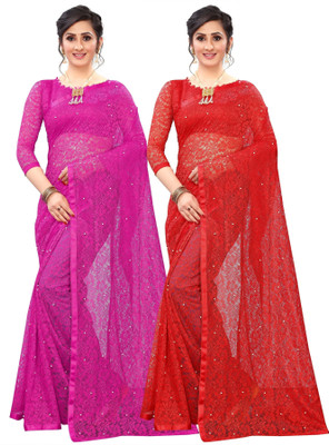 LOROFY Self Design Bollywood Net Saree(Pack of 2, Red, Pink)