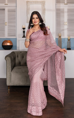Divastri Embroidered, Embellished Bollywood Net Saree(Pink)