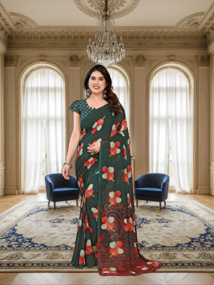 SmittenSmit Printed Bollywood Georgette Saree(Green, Red)