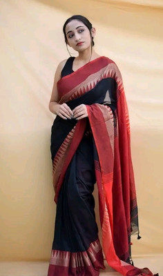 Apu handloom Woven Handloom Cotton Blend Saree(Black)