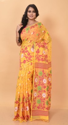 matri textile Woven Jamdani Cotton Silk Saree(Yellow)