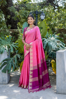 Bansari Textiles Printed Banarasi Cotton Blend, Jacquard Saree(Pink)
