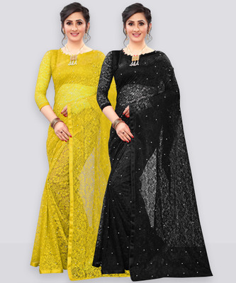 LOROFY Embellished Bollywood Net Saree(Pack of 2, Black, Yellow)
