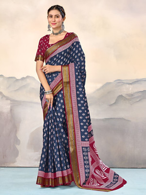 Munir Clothing Printed Daily Wear Cotton Blend Saree(Dark Blue)
