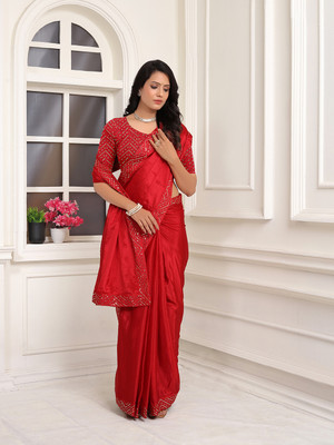 Pionex Embroidered, Solid/Plain Bollywood Chiffon Saree(Red)