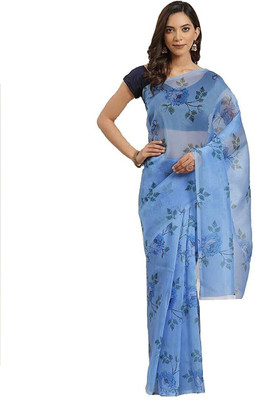 RAJESHWAR FASHION Printed, Digital Print, Floral Print Bollywood Organza Saree(Blue)