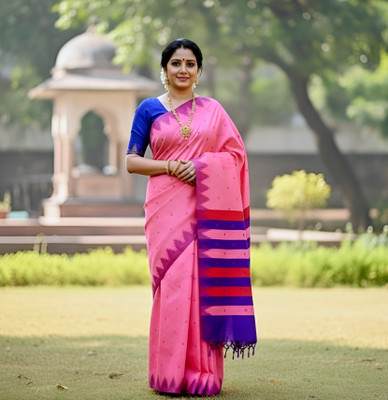 Welcome clothing center Solid/Plain, Self Design, Striped, Woven Sambalpuri Art Silk Saree(Pink)