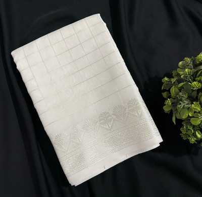 SareeKaart Checkered Chanderi Cotton Blend Saree(White)