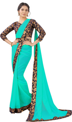 FIERTE Solid/Plain, Floral Print, Dyed, Self Design Bollywood Georgette, Chiffon Saree(Light Green)