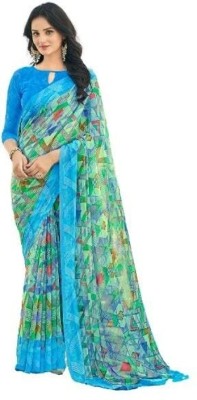 INDONIQ Geometric Print, Graphic Print Bollywood Chiffon, Georgette Saree(Blue)