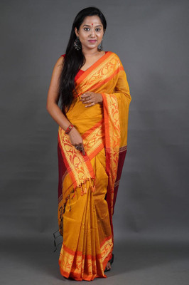 Rnn Self Design Handloom Cotton Silk Saree(Yellow)