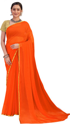 V And V Shop Solid/Plain Daily Wear Jacquard, Chiffon Saree(Orange)
