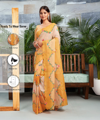 Samah Floral Print, Embroidered Kota Doria Silk Blend Saree(Mustard, Yellow)