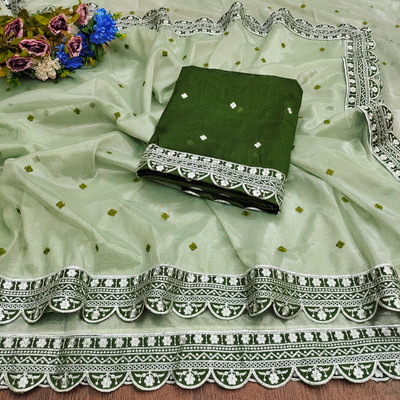 Mikhushop Embroidered Bollywood Supernet Saree(Pack of 2, Light Green)