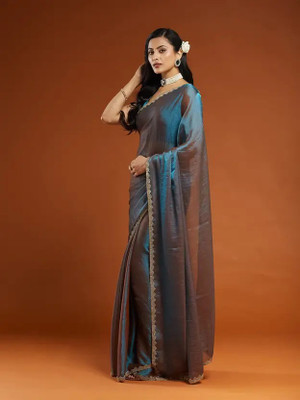 RUKHA FAB Solid/Plain Bollywood Jimmy choo Saree(Dark Blue)