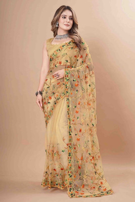 b bella creation Embroidered Bollywood Net Saree(Cream)
