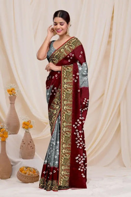 rajranitextiles Printed Bandhani Georgette Saree(Grey, Red)