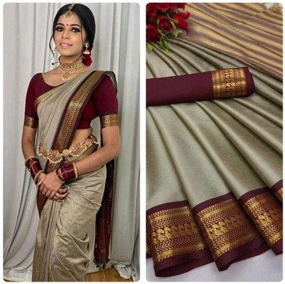 SHRIMAY Woven Kanjivaram Silk Blend Saree(Maroon, Beige)