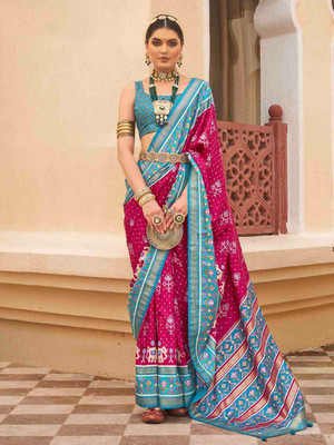 ANOUK Printed Patola Silk Blend Saree(Pink)