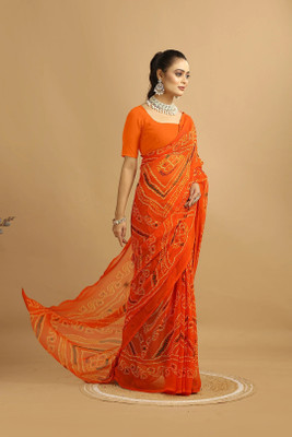 Damru trendz Digital Print Bandhani Georgette Saree(Orange)