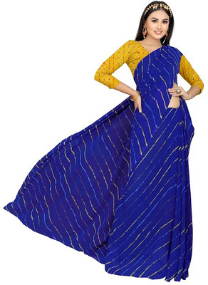 Pemal Designer Striped Leheria Georgette Saree(Blue)