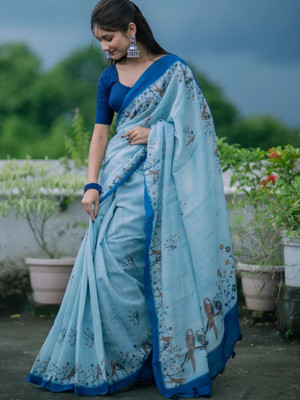 yourwish Printed Bollywood Cotton Blend Saree(Light Blue, Dark Blue)