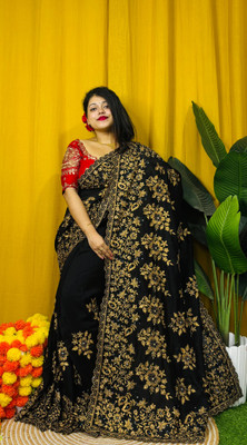 veerlaxmi Printed Saree with Attached Blouse Cotton Silk Saree(Black)