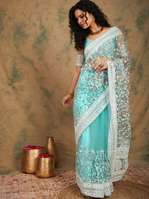 manvaa Embroidered Bollywood Net Saree(Light Blue, White)