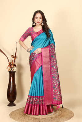 J6 Designers Floral Print Bandhani Cotton Silk Saree(Blue)
