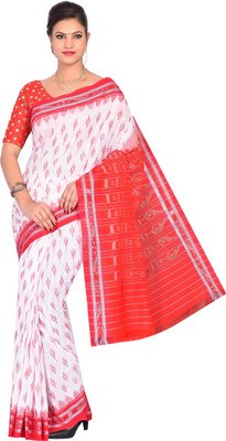 handloom paridhaan Self Design Handloom Pure Cotton Saree(White, Red)