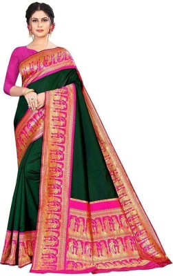 SKYWEAR EXPORT Woven Kanjivaram Jacquard, Pure Silk Saree(Green, Pink)